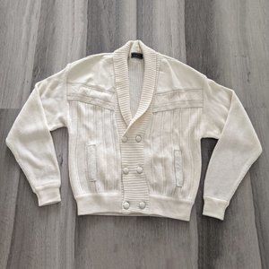 Vintage Saxony Cream Leather Wool Double Breasted Cardigan Sweater